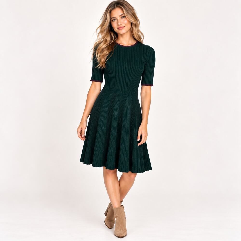 Ted Baker Renyina Knit Skater Dress Women's Size 1 Green Stretch Ribbed Party